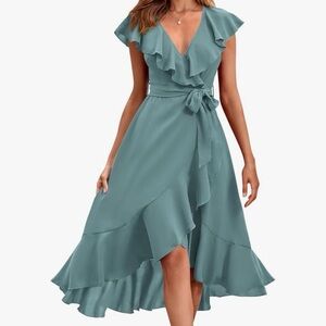 Flutter-Sleeve Wrap High-Low Dress in Teal Green